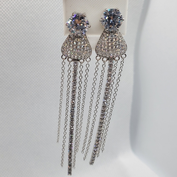 Silver 925 CZ Teardrop Chain Dangling Earrings - Picture 8 of 9